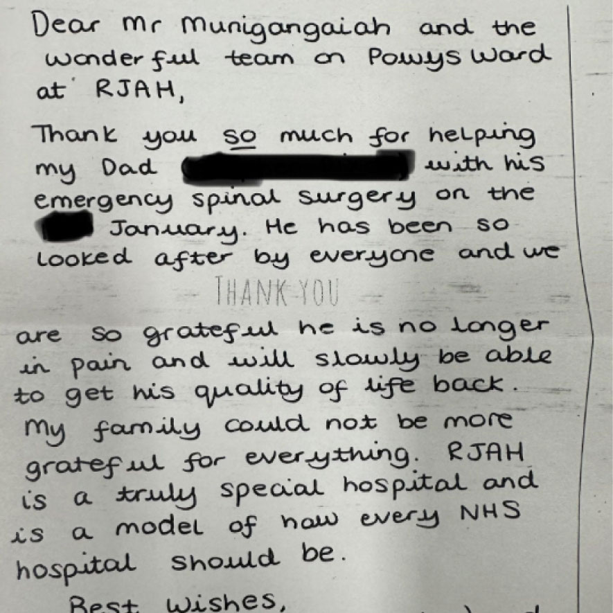 Patient thank-you card – Emergency Spinal Surgery