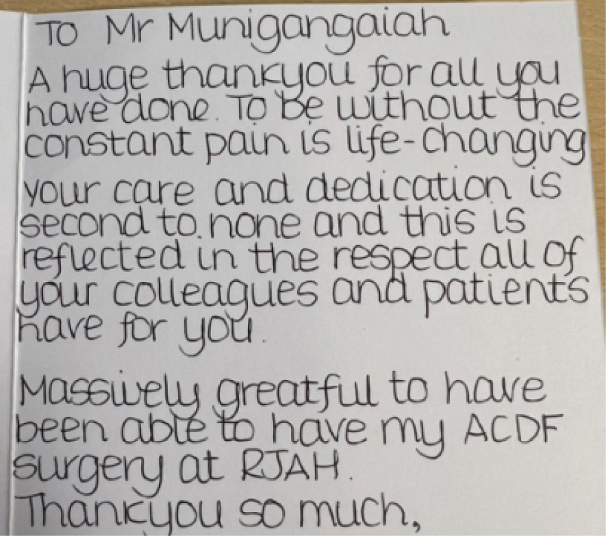Patient thank-you card – Anterior Cervical Discectomy & Fusion – 2023