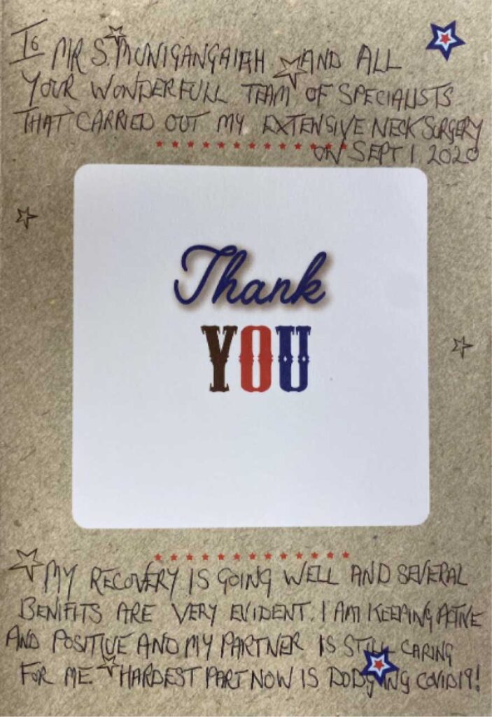 Patient thank-you card – Posterior Cervical Decompression Fusion for Cervical Myelopathy