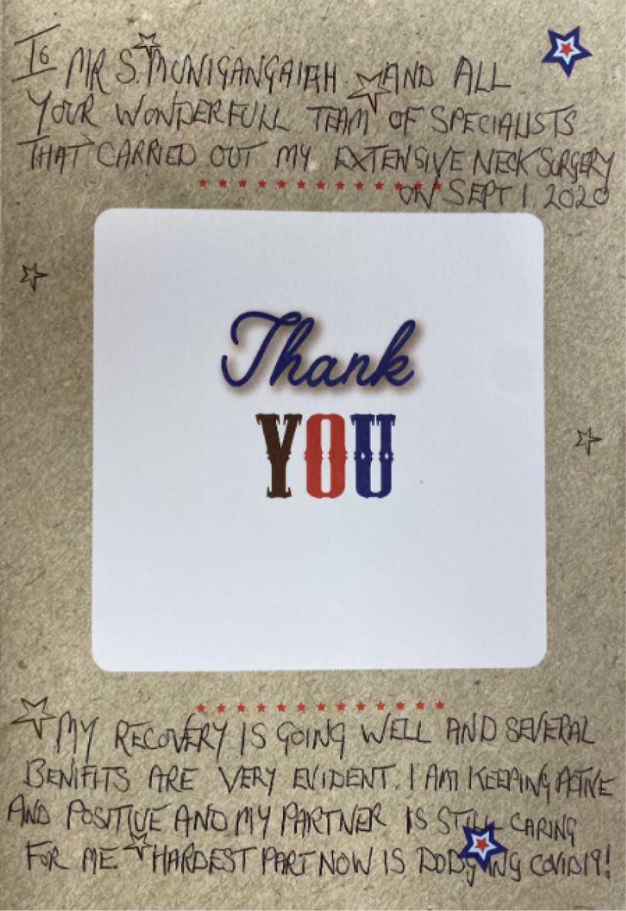 Patient thank-you card – Posterior Cervical Decompression Fusion for Cervical Myelopathy